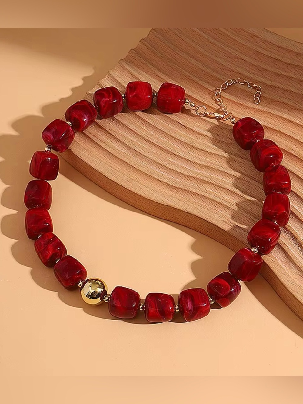 Statement Red Chunky Bead Necklace with Gold Accent
